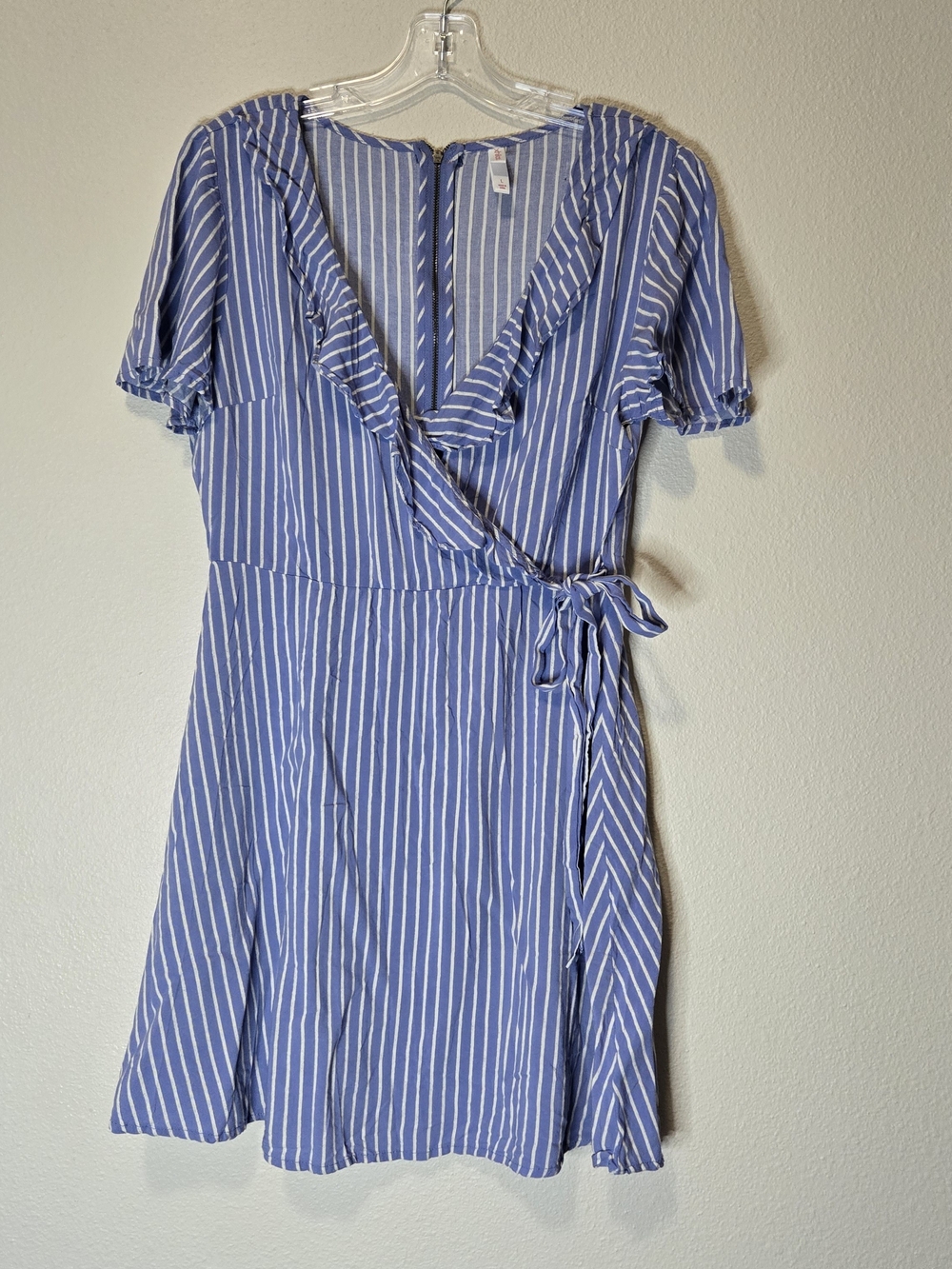 Xhilaration Blue and White Striped Wrap Dress with Ruffle V-Neck